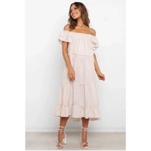 Petal and Pup Tan and White Gingham off the shoulder midi dress